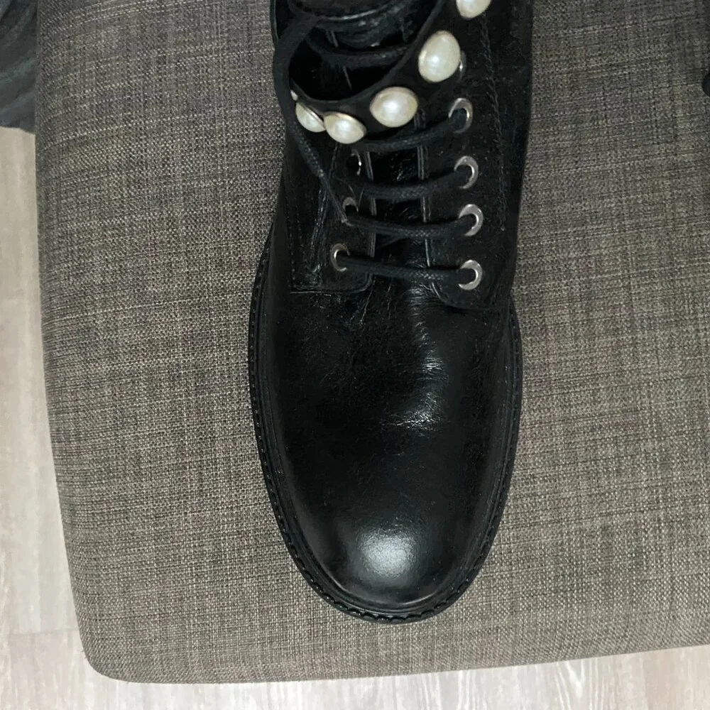 Zara Black Leather Pearl Studded Straps Lace Up Combat Goth Y2K Military Boots 9